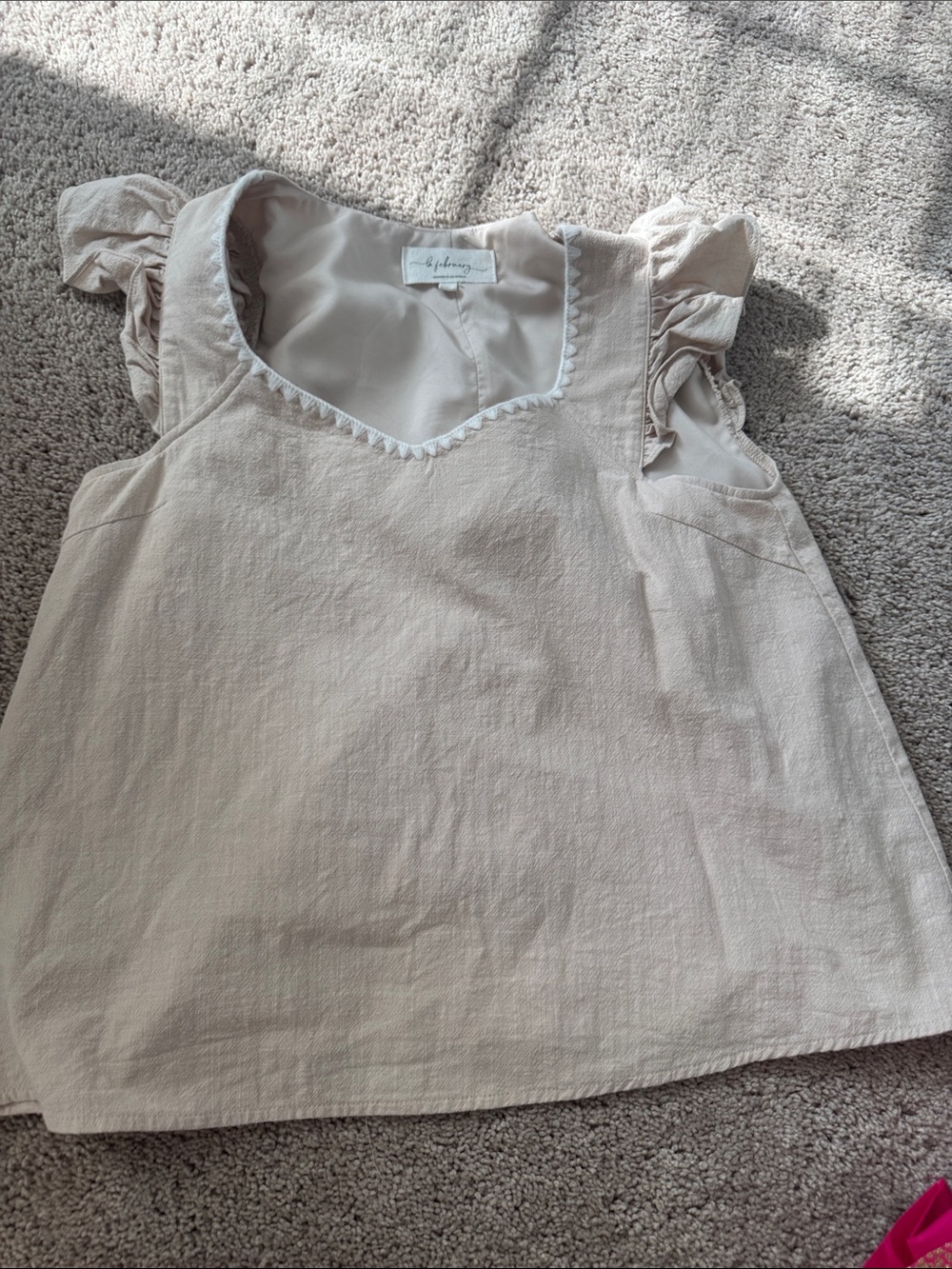 Light Cream Ruffle Sleeve Blouse with Scalloped Neckline
